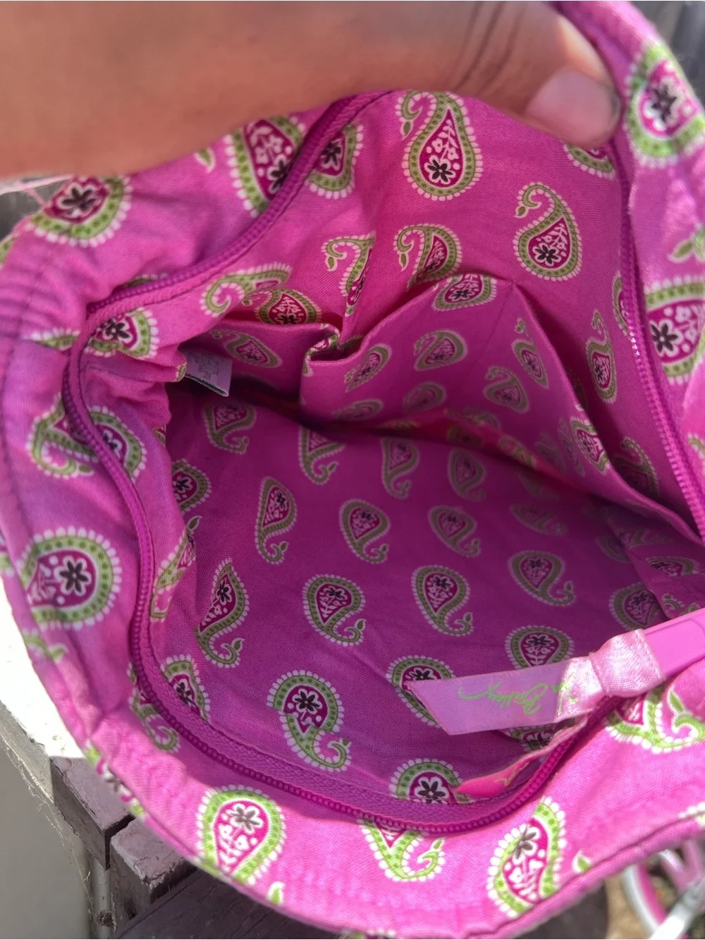 Vera Bradley Pink Paisley quilted crossbody bremuda bag  with green accents/ pin